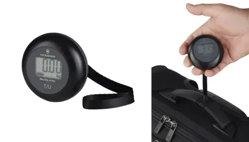 Standalone image of the Victorinox Battery Free Digital Luggage Scale (left) and close up of person using the Victorinox Battery Free Digital Luggage Scale to weigh luggage (right)